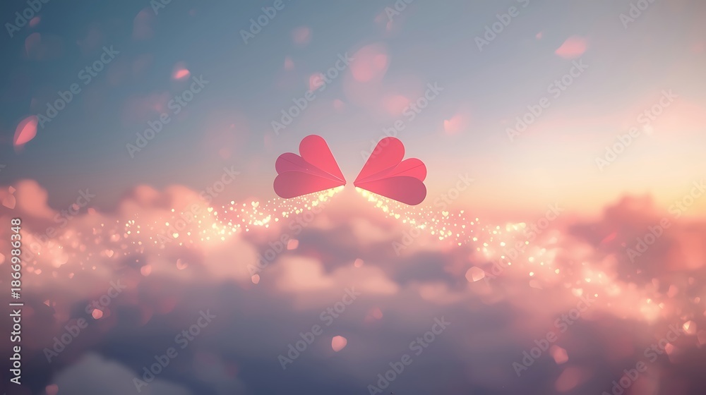 Fototapeta premium Two Paper Planes with Pink Heart Wings Flying into Sunset Sky for Valentine's Day
