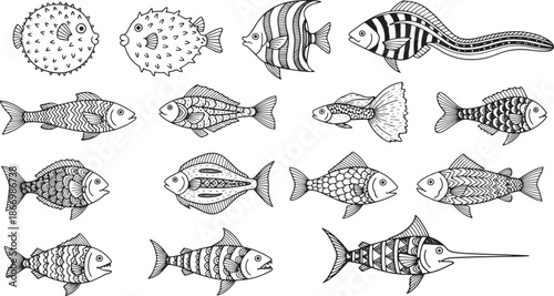 Stylized black and white fish illustrations diverse marine life and unique aquatic creatures with intricate patterns, ideal for educational and creative projects