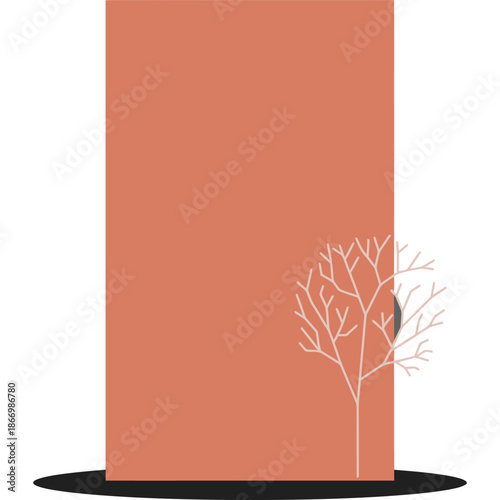 Minimalist Tree Silhouette with Bare Branches on Vibrant Orange Background, Modern Aesthetic Design with Clean Lines and Subtle Shadow