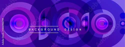 Abstract circles overlap, creating vibrant purple hues. Text reads background design centered within composition. Modern, dynamic visual.