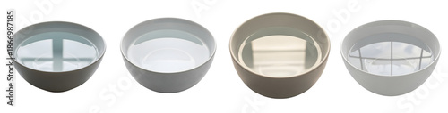 Four ceramic bowls in neutral tones filled with clear water are arranged in a row against a white background