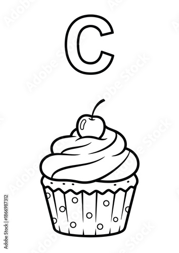 Letter C Coloring Book Page for Kids with Cute Cupcake. Vector Outline Illustration.