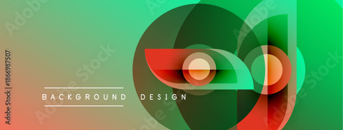 Abstract geometric composition. Overlapping circles, squares create dynamic visual effect. Gradient colors blend smoothly. Modern design elements present.