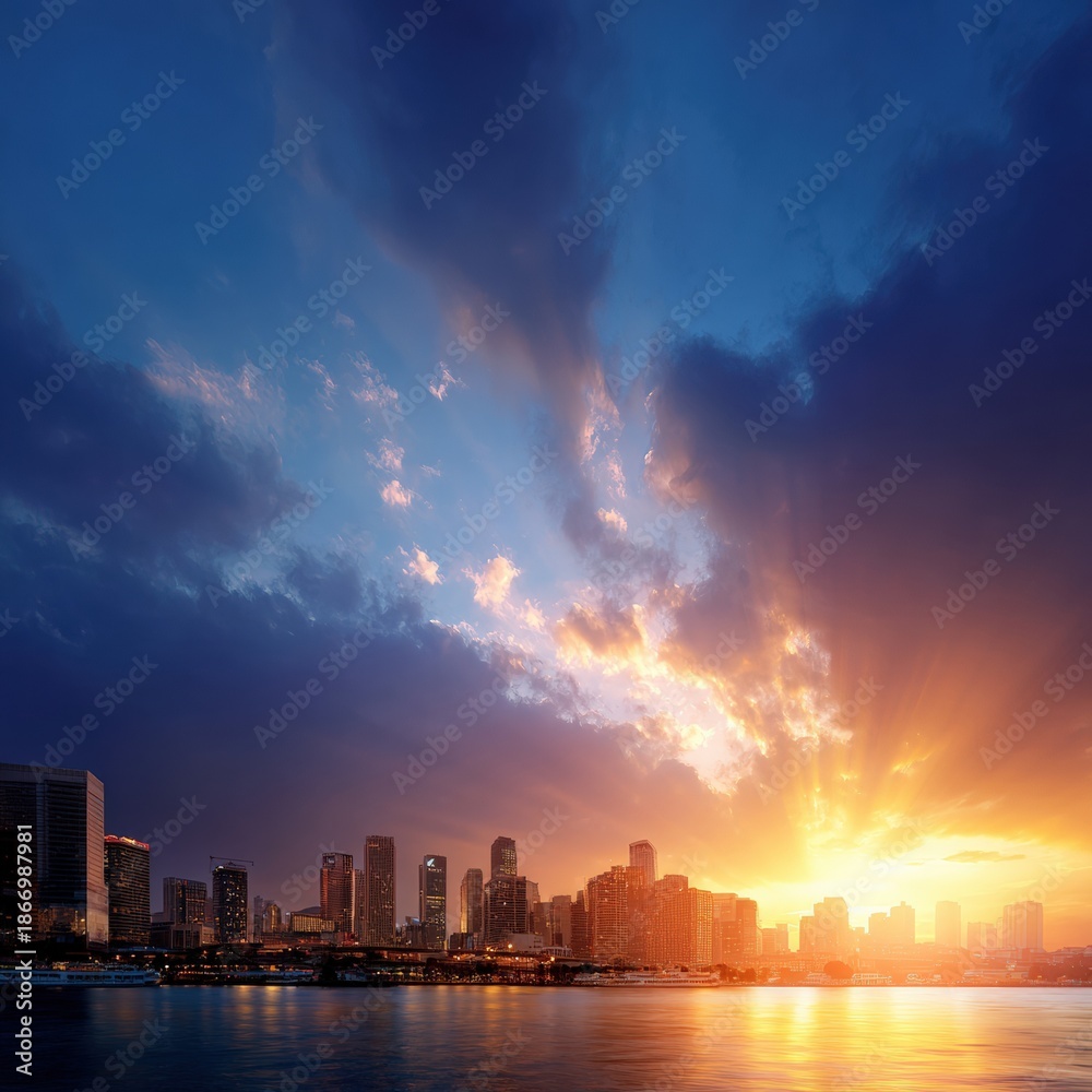 Fototapeta premium Stunning urban skyline at sunset with dramatic clouds and reflected cityscape