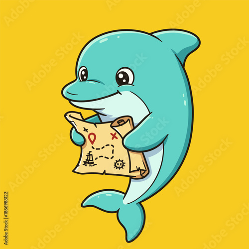 Funny smiling cartoon shark character in blue sea illustration
