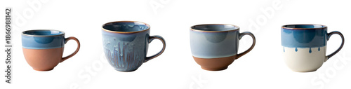 Four rustic ceramic mugs with blue and brown glazes arranged in a row against a plain white background