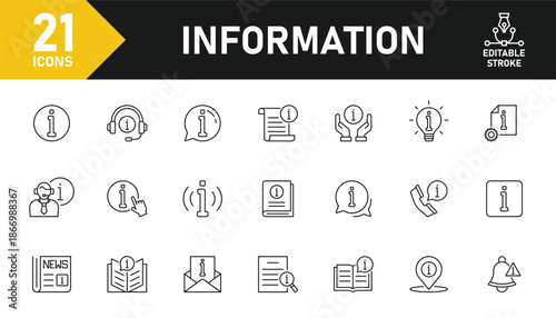 Information line icon set. Set of 21 outline icons related to info, help, news, about us, inform, instructions, faq and others. Editable stroke. Vector illustration.
