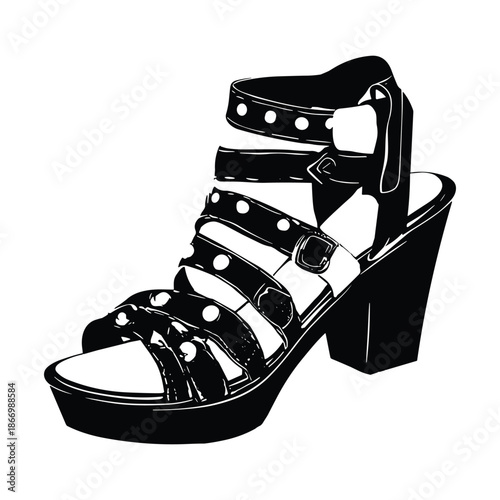 Strappy high heel sandal with buckles