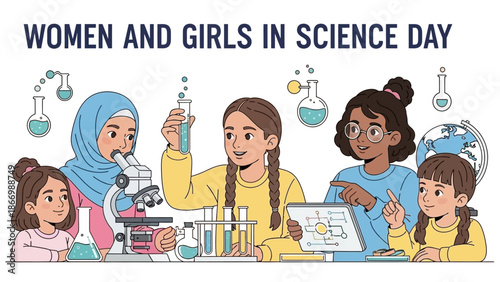 Diverse group of women and girls engaged in scientific experiments on a laboratory table with various equipment on Women and Girls in Science Day.