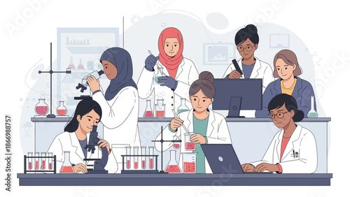 Diverse group of women in lab coats engaging in science experiments and research in a modern laboratory setting on Women and Girls in Science Day.