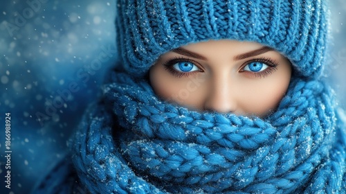 Woman in blue winter hat and scarf, bright blue eyes
