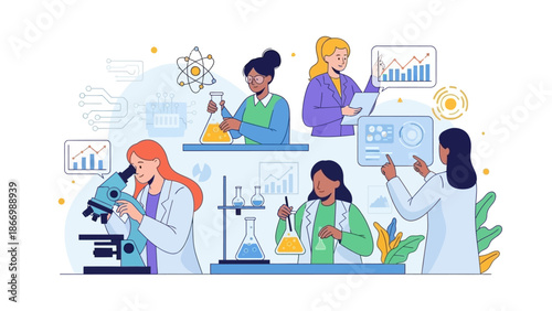 Illustration of diverse women in lab coats engaging in various science activities with lab equipment and graphs in a modern educational setting.