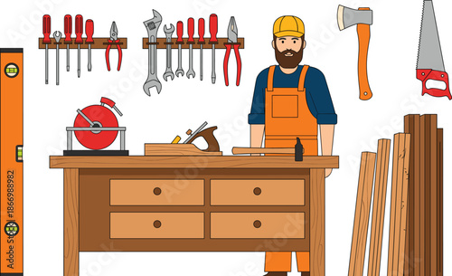 Carpenter workshop vector illustration showing woodworker with tools workbench lumber and woodworking equipment isolated on white background