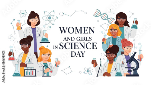 Illustration of diverse group of women and girls in science, wearing lab coats and working with scientific equipment, celebrating Women and Girls in Science Day with a colorful and lively