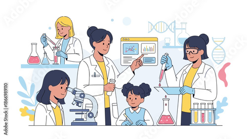 Illustration of diverse group of women and girls in a science lab for Women and Girls in Science Day, engaged in various scientific activities with lab equipment.