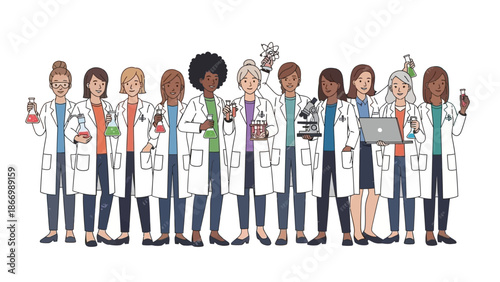 Diverse group of women in lab coats holding various scientific equipment and a laptop, celebrating Women and Girls in Science Day with a modern, minimalist style against a clean white