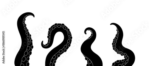 Cartoon squid tentacles with suction cups. Octopus arms set for underwater, nautical, fantasy monster and marine themes