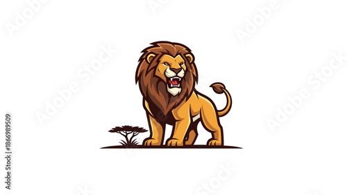 Majestic Lion Roaring in the Savanna, Powerful Wildlife Illustration.