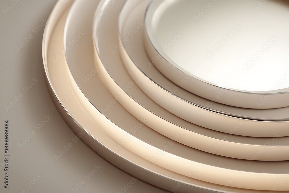 Obraz premium A layered round mirror with concentric metallic rings, soft cream backdrop, futuristic and stylish