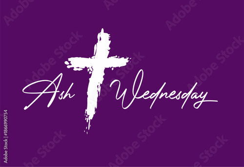 Ash Wednesday Christian Typography with Cross on Purple Background. Suitable for church events, religious services, social media posts, posters, flyers, worship presentations, and Lent season material