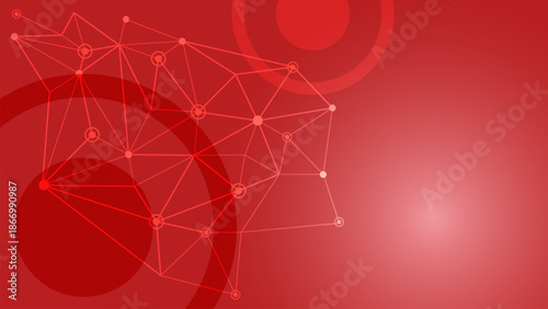 Abstract red digital network background with connected nodes and polygonal lines. Futuristic technology concept for data communication, artificial intelligence, blockchain, and cyberspace design.