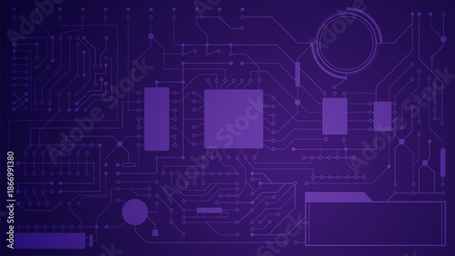 Abstract purple technology background with electronic circuit board pattern and microchip elements. Futuristic digital network design for technology, innovation, data, and cyber concept.