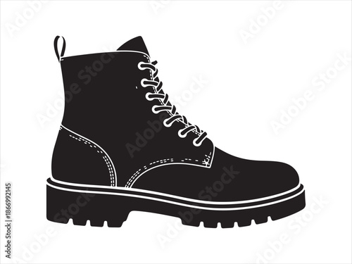 Boot Silhouette, combat style boot, work boot, hiking boot vector silhouette illustration for camping and mountain climbing.