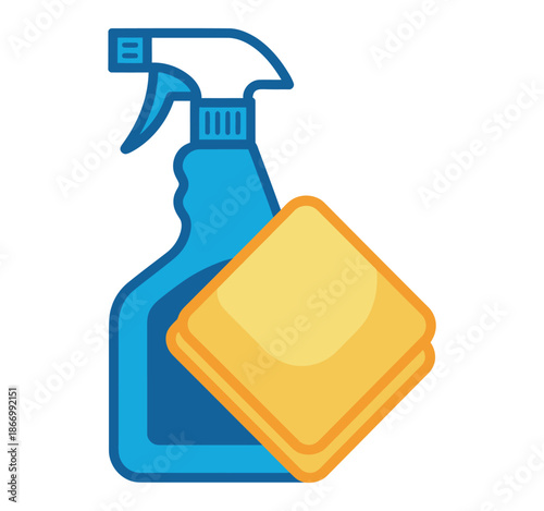A blue spray bottle with a yellow sponge on a white background for cleaning purposes