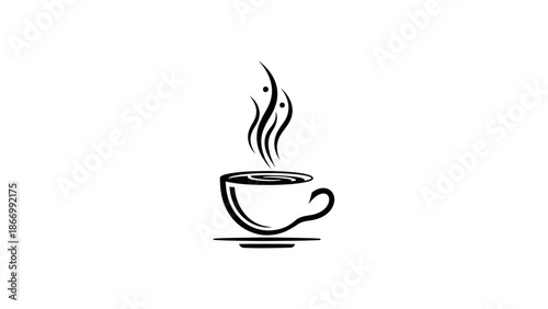 Minimalist Hand Drawn Coffee Cup with Steaming Hot Beverage.