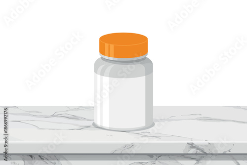 A clear plastic bottle with an orange cap sits on a white marble countertop