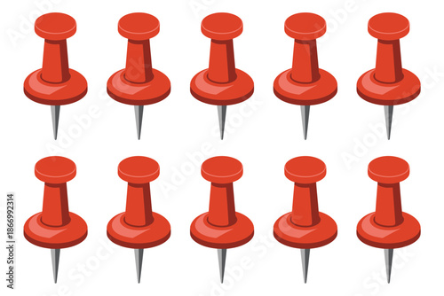 A set of red push pins on a white background