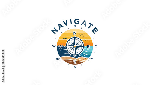 Navigate Compass Logo with Beach and Ocean Sunset.
