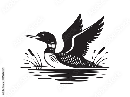 Flying Loon Water silhouette, Duck or loon silhouette vector art, Duck or loon vector icon design