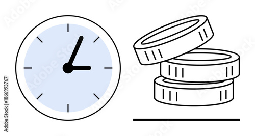 Time management, financial planning, savings, productivity, resource allocation, decision-making. Circular clock and stacked coins are . Time management and financial planning concept