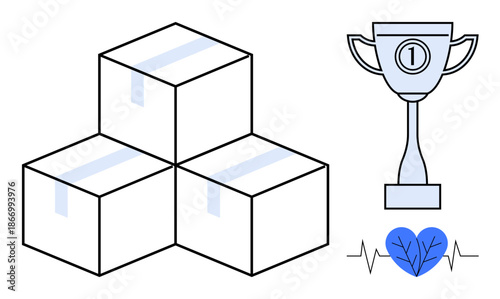 Logistics concept. Logistics with stacked delivery boxes, health heartbeat icon, and a trophy, efficient service and achievements. For shipping, health, goals, e-commerce fulfillment