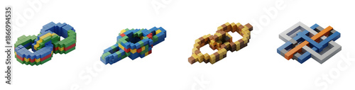 Four abstract 3D geometric shapes isolated on a white background Three are colorful and pixelated one is smooth and interwoven