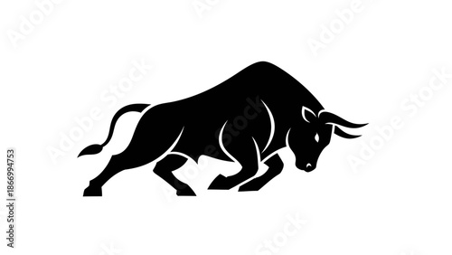 Powerful Black Bull Silhouette Charging Forward Aggressively.