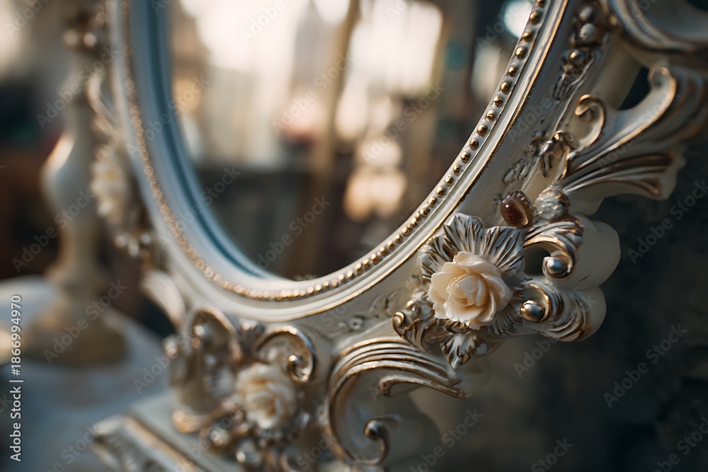 Fototapeta premium A vintage mirror with ornate baroque-style frame, soft pearl background, luxurious and detailed