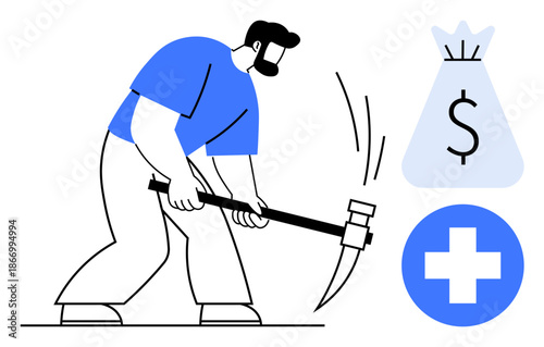 Man using hammer in labor with symbols for finance and healthcare. Ideal for savings strategies, work ethics, healthcare funding, manual labor, financial goals, productivity, economic challenges