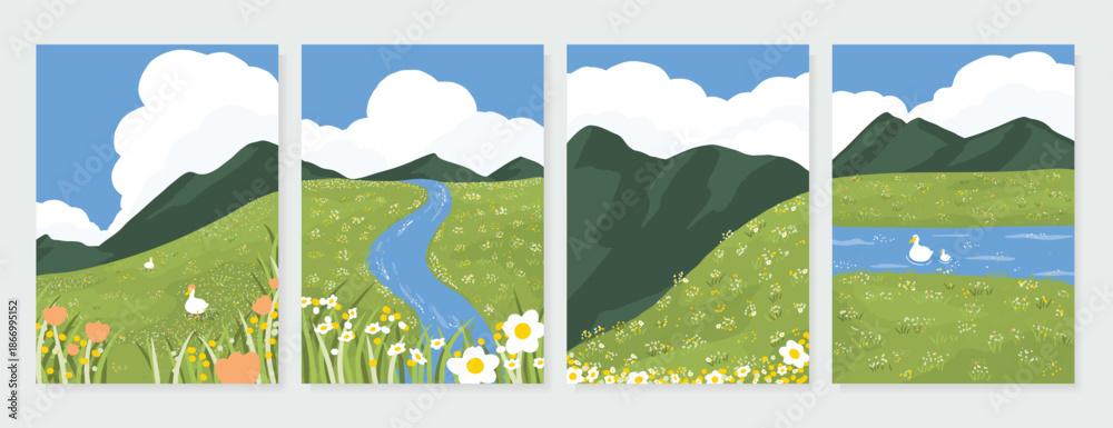 Fototapeta premium Abstract Green Summer landscape background vector set. Nature wallpaper of green field on mountain, yellow flowers, blue sky , birds, river. Watercolor illustration for cover, wall art, decoration.
