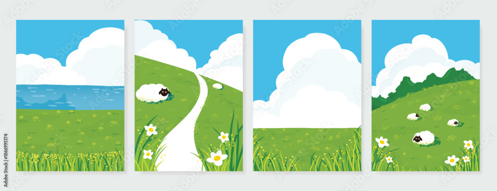 Fototapeta premium Abstract Green Summer landscape background vector set. Nature wallpaper of green field on mountain, yellow flowers, blue sky , birds, river. Watercolor illustration for cover, wall art, decoration.