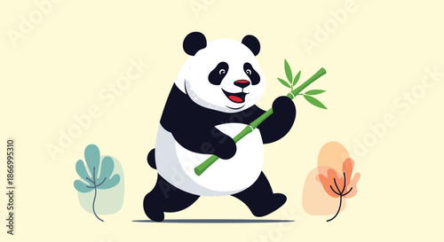 Giant panda bear walking happily while holding a green bamboo stalk in its paws on a light cream background with abstract leaves.