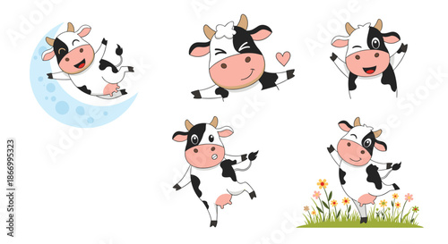 Set of five cute dairy cow character illustrations showing the animal on a moon, in a garden, and in various happy poses.