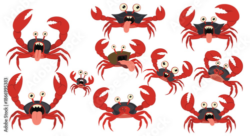 Collection of many red crab characters in various poses with their mouths open and long pink tongues sticking out.