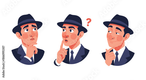 Trio of character portraits showing a man in a suit and hat in different thinking, questioning, and smiling poses.