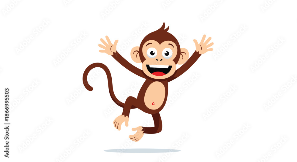 Obraz premium Happy brown monkey jumps with joy with its arms raised and a big smile on its face against a simple white background with a shadow.