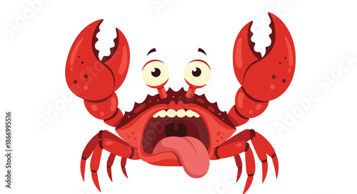 Surprised red crab with big bulging eyes and its mouth wide open shows its long pink tongue while sitting on a plain white background.