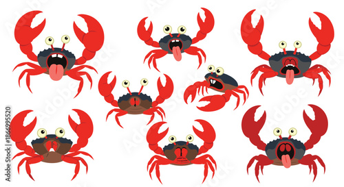 Set of eight different crab illustrations showcases a range of emotions from anger and shock to sadness and laughter with comical faces.