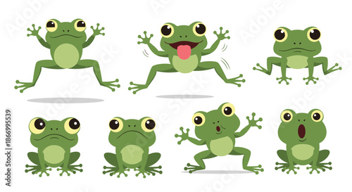 Collection of seven green frog illustrations features the amphibian in various active poses and showing different expressions and emotions.