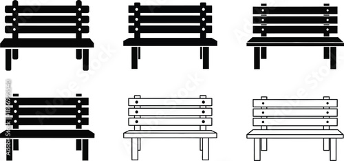 Wood, metal, or synthetic park benches vector illustration. 